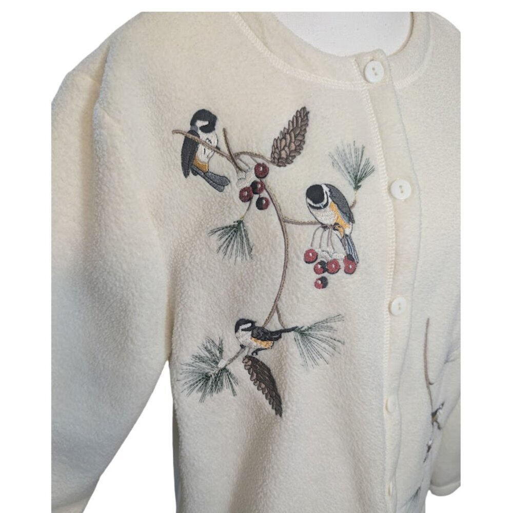 Vintage Cottagecore Blair Embroidered Bird Fleece Cardigan Woodland Fairy Cozy L